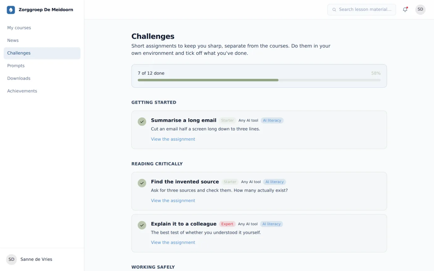 Challenges overview with short workplace assignments per category, tickable, with progress at the top
