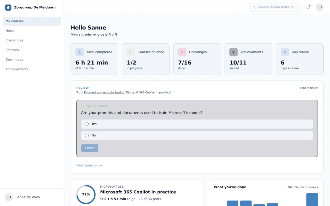Participant dashboard showing time spent, completed training, challenges and a review question from earlier lesson material