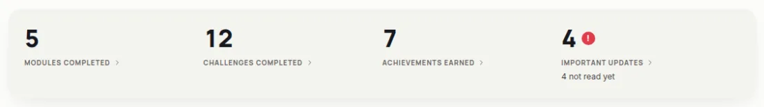 A participant's key figures: 5 modules completed, 12 challenges completed, 7 achievements earned and 4 important updates