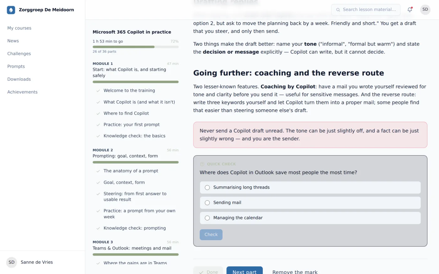 Lesson unit in the player with a sample prompt, an interim question and module progress on the left