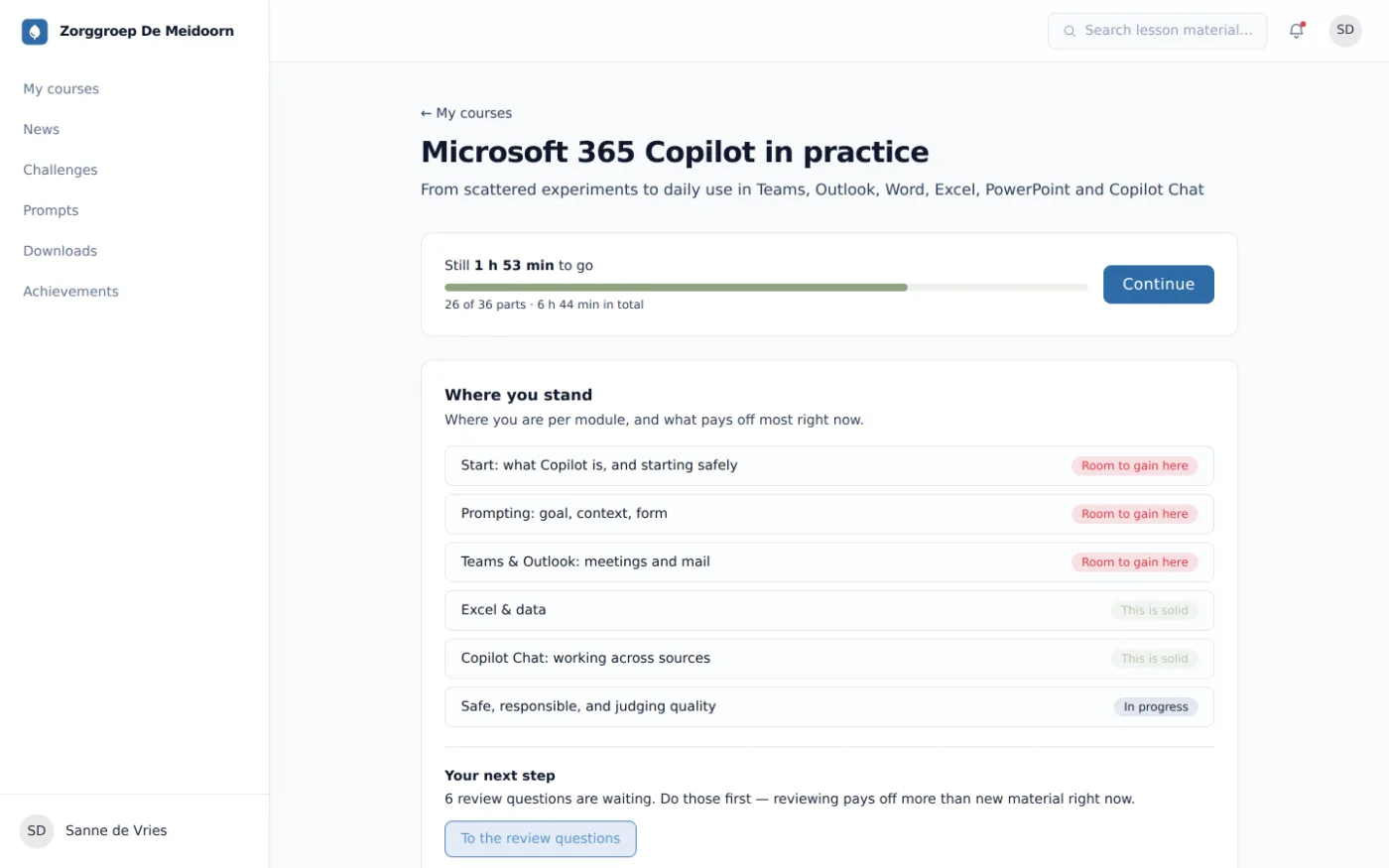 Training page marking per module whether it is solid or there is ground to gain, with advice on the next step