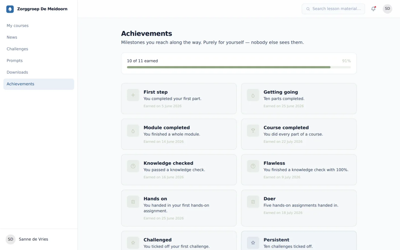 Achievements page listing milestones reached and the date the participant reached them