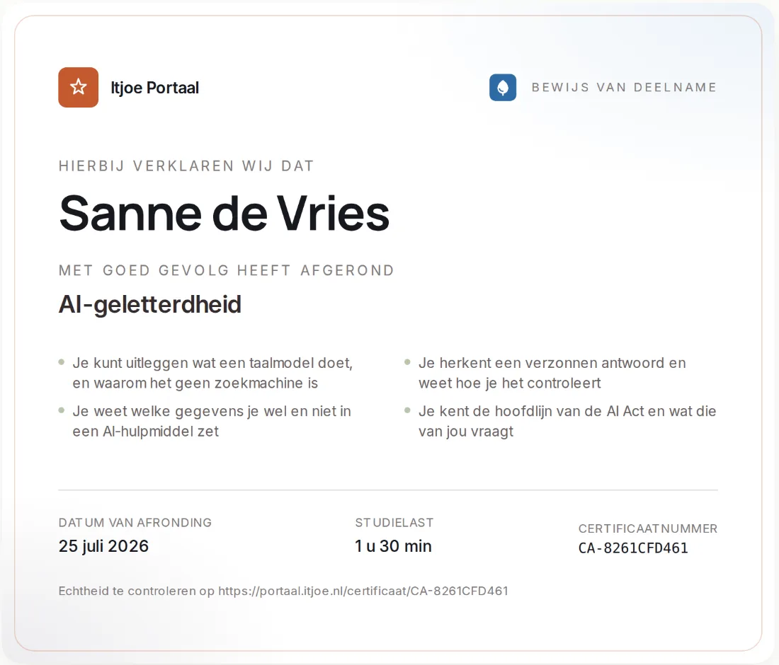 Certificaat AI-geletterdheid op naam, met vier leerdoelen, de studielast en het certificaatnummer