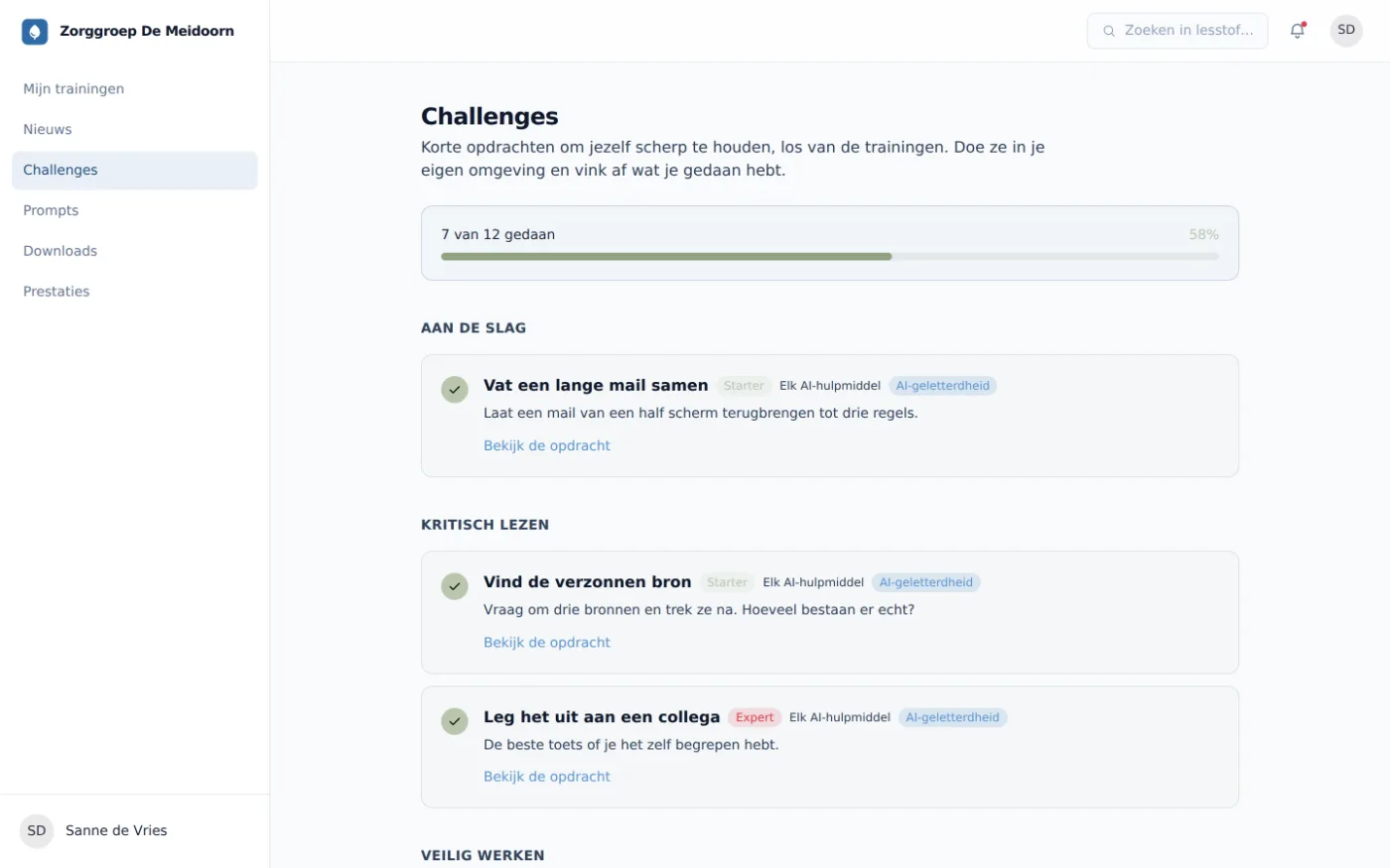 Challenges-overzicht met korte opdrachten voor op de werkvloer, per categorie en afvinkbaar, met de voortgang bovenaan