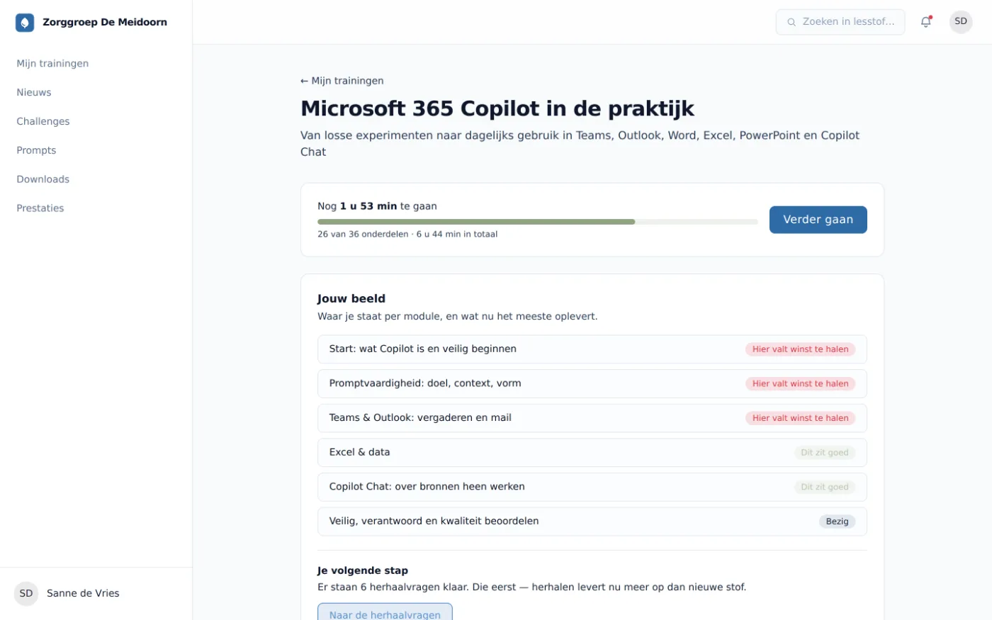 Trainingspagina die per module aangeeft of het goed zit of dat er winst te halen valt, met een advies voor de volgende stap