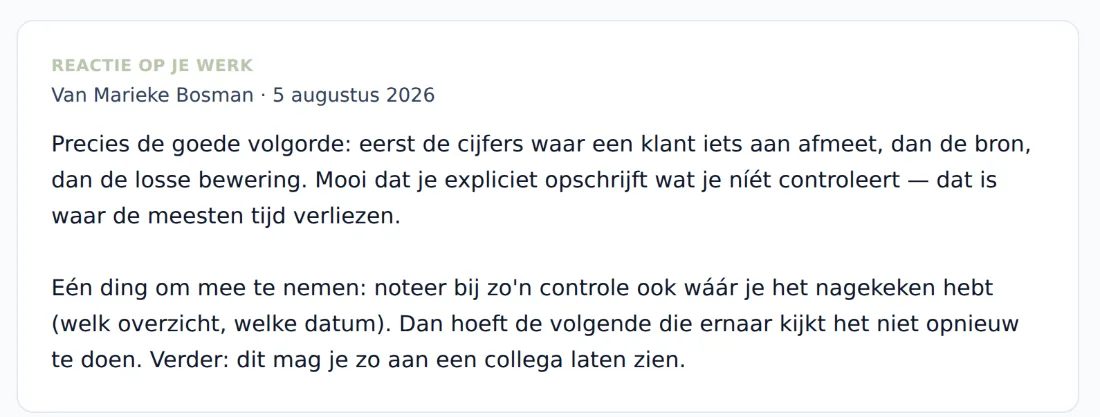Reactie van beoordelaar Marieke Bosman op een ingeleverde opdracht, met een concreet verbeterpunt voor de volgende keer