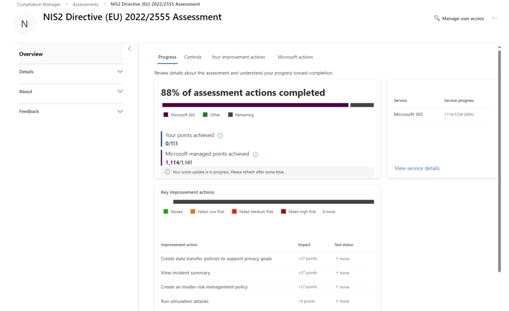 Taking action on NIS2 assessment in Microsoft Compliance Manager