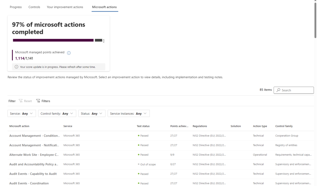 Taking action on NIS2 assessment in Microsoft Compliance Manager