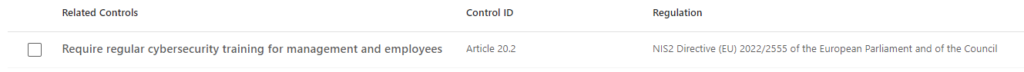 Related Controls for NIS2 assessment in Microsoft Compliance Manager