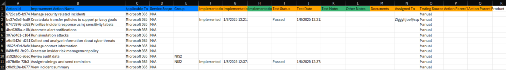 Create a Excel export for Microsoft Compliance Manager for NIS2