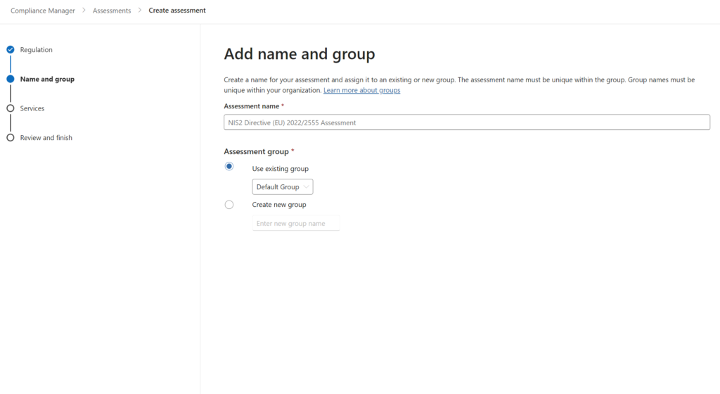 NIS2 creation assement in Microsoft Compliance Manager